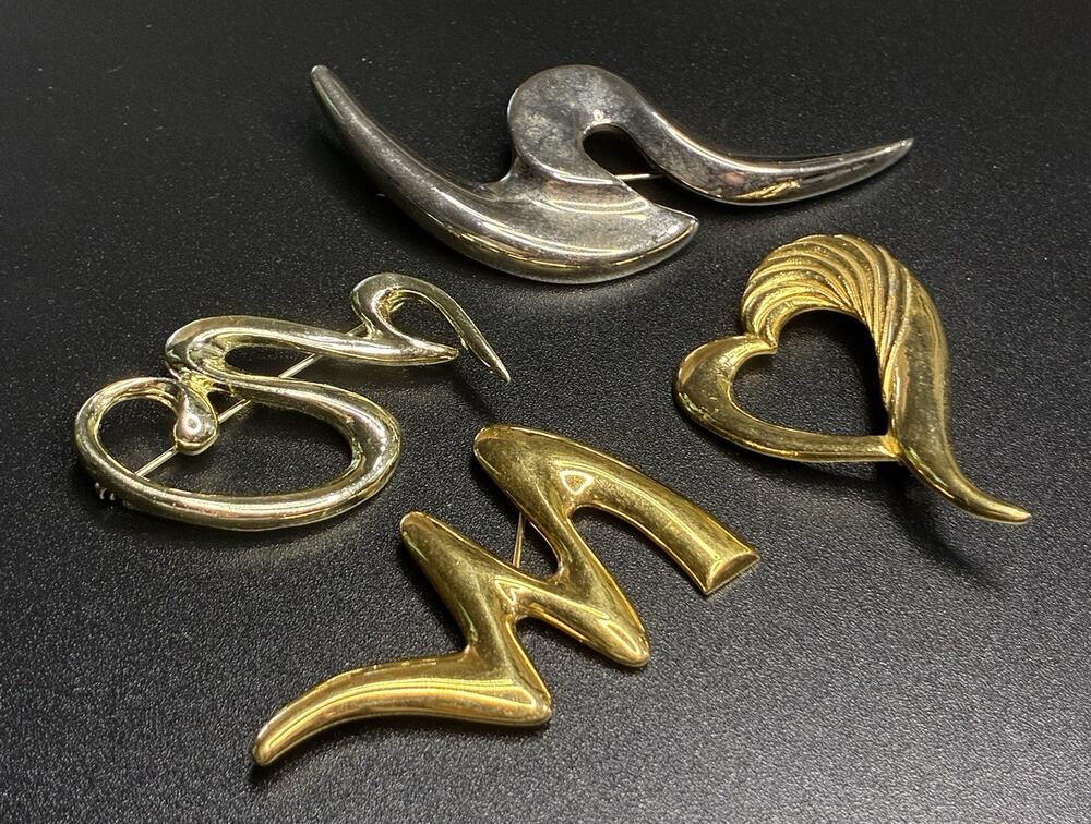 Gold & Silver Tone 4 Pc Lot Scribble Swirl Art Pins Heart Shape Brooch Large